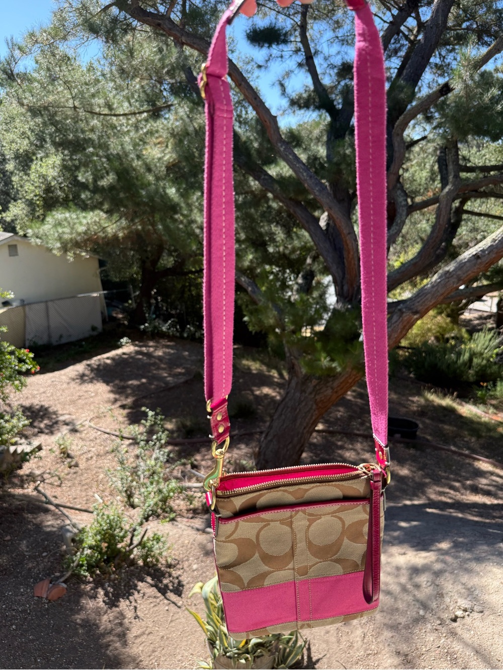 Coach Crossbody Bag #10129 khaki Tan bright Pink - Signature - Stripe Swingpack - Picture 9 of 16